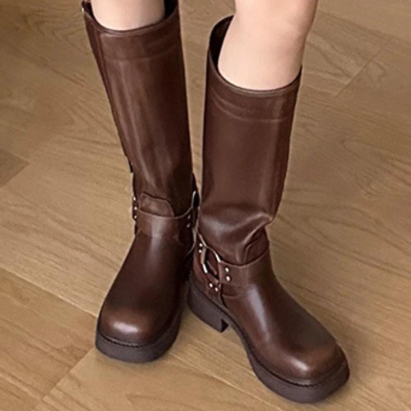 Мода Платформа Ботинки Combat Молния Chuny Heel Пряжка Винтаж Мода Повседневный Роскошь Дизайнер Western Mid Calf Boots Обувь Женщина