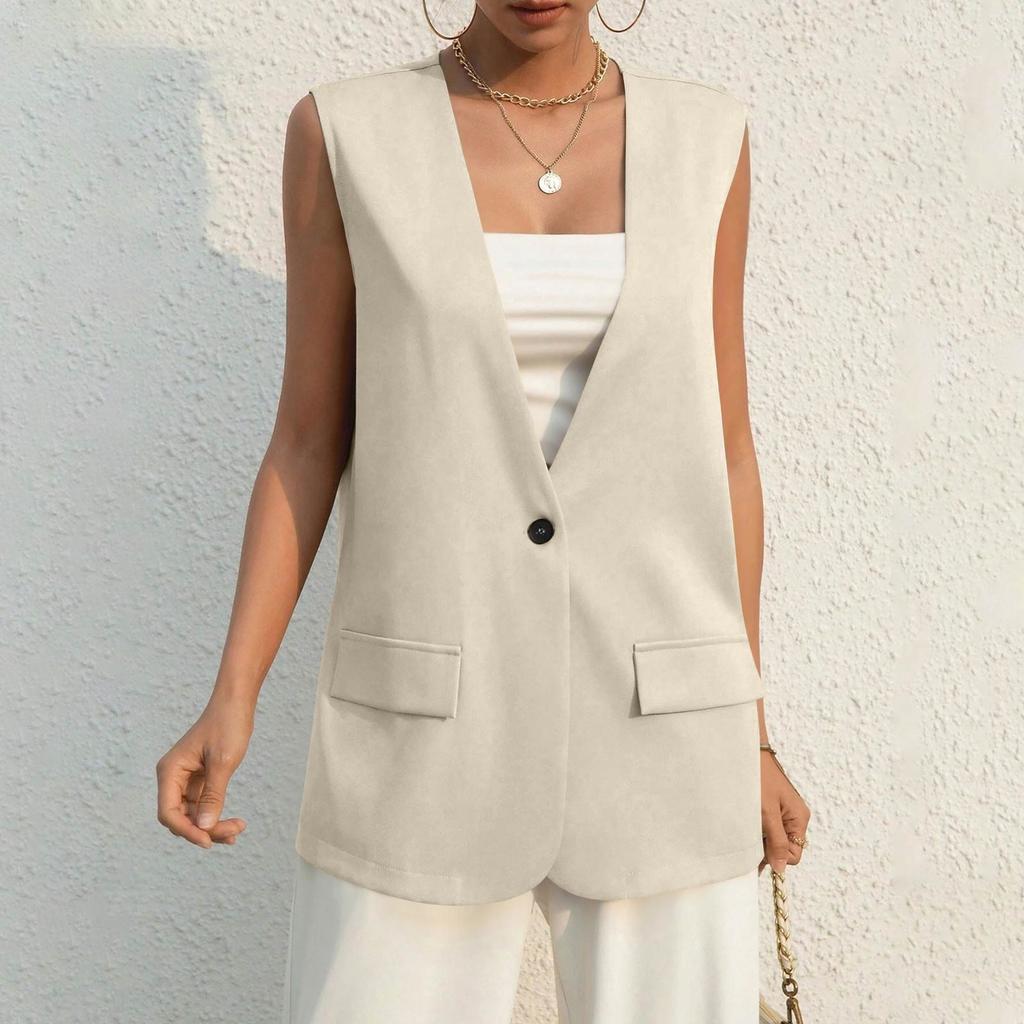 Ladies Summer Suit Jacket Work Casual Sleeveless V-Neck Single Button Solid Color Suit Vest