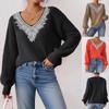 Lace Sequin Collar Flower, Spliced V-neck, Pullover Top, Women's Clothing, Loose and Lazy Style, Long Sleeved Sweater