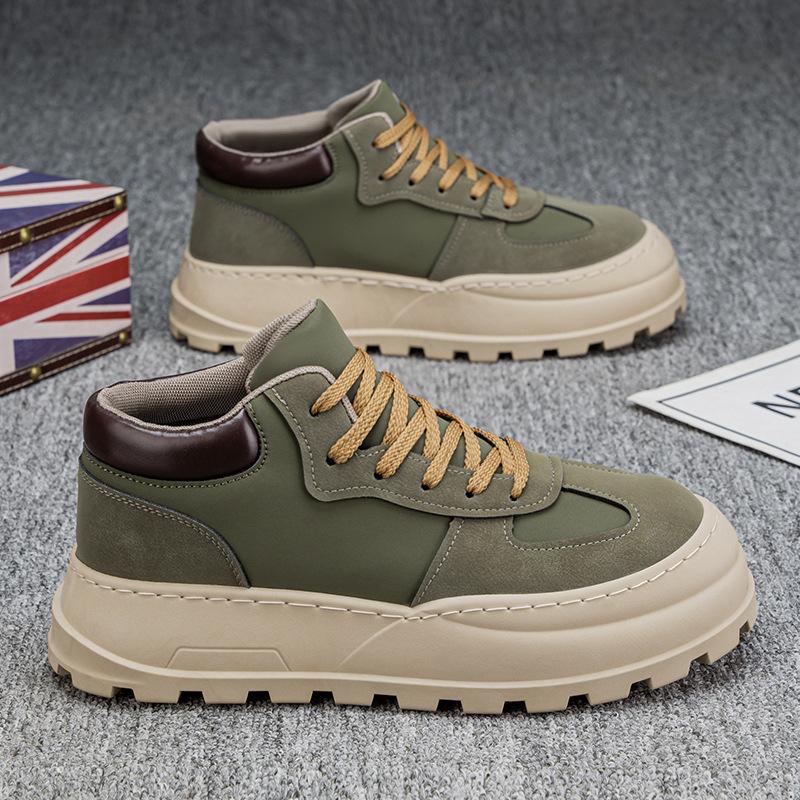 Мужская обувь 2024 осень и зима новая нишевая черная рабочая обувь на платформе мужская водонепроницаемая и нескользящая на толстой подошве средней высоты повседневная модная обувь