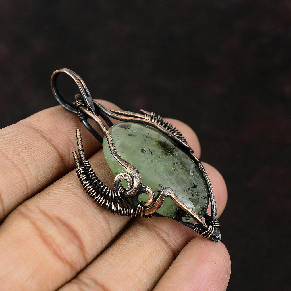 Кулон из мха-пренита, обернутый медной проволокой, кулон, ювелирные изделия из медной проволоки ручной работы, кулон в форме лица быка, ювелирные изделия из натурального драгоценного камня, подарок для нее