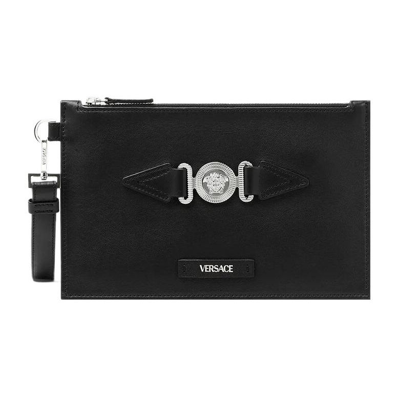 Versace Medusa Biggie Series Detachable Strap Zipper Closure Leather Clutch Small Men clutch Black Silver 1006240-1A03190-1B00P