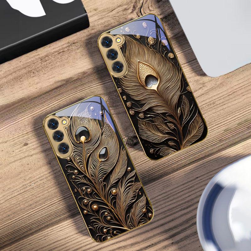 Золотое перо драгоценный камень для Samsung Galaxy S20 FE S21 S22 S23 Plus S24 Ultra 25Ultra S21+ S9+ S22Plus Золотой стеклянный чехол для телефона