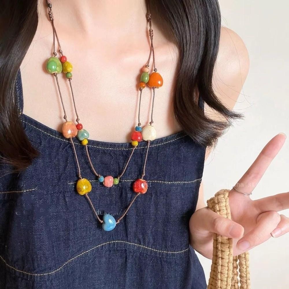 Adjustable Colorful Ceramic Necklace Woven Rope Boho Style Necklace for Women Fashion
