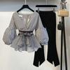 Spring Summer 2 Pcs Suits Women's Striped Bow Lantern Sleeve Blouse + Black Split Flare Sleeve Pants Set