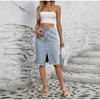 Юбки из денима для женщин, джинсы с высокой талией, потертым необработанным краем, юбка-клеш с карманами, летняя узкая юбка с разрезом и запахом