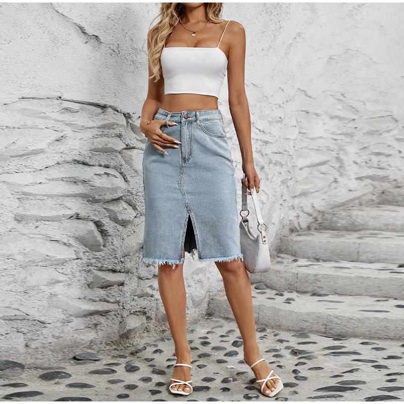 Юбки из денима для женщин, джинсы с высокой талией, потертым необработанным краем, юбка-клеш с карманами, летняя узкая юбка с разрезом и запахом