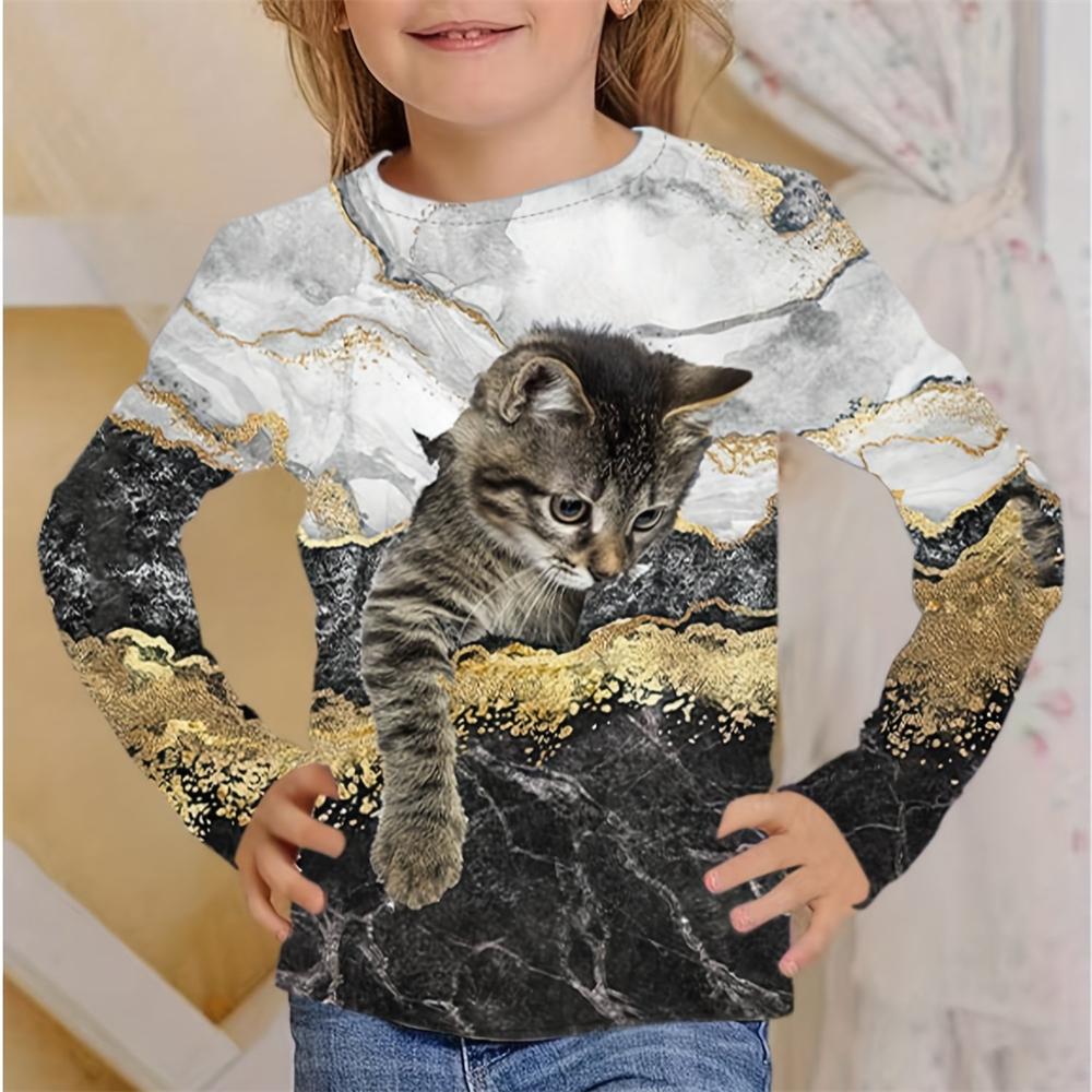 Girl Clothes Casual 3D Cat Graphic T Shirts Long Sleeve Tshirts Round Neck White T-Shirt Fashion Tops Outdoor Clothing for Girls