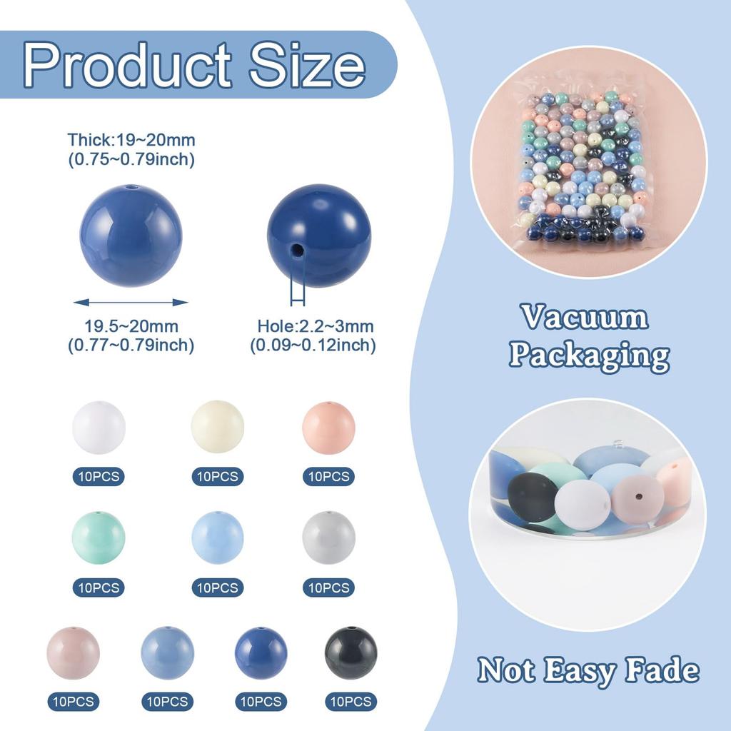 Набор из примерно 100 штук 10 акриловых круглых декоративных бусин для ручного творчества, принадлежностей для рукоделия, штук, 19,5~20 мм, цветные, бусины, непрозрачные,