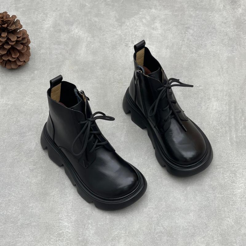 Johnature Ретро ботинки на толстой подошве с круглым носком, универсальные, из натуральной кожи, женские