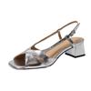 New French Temperament Silver Open-toed High Heels Women's Summer Fashion Elegant Square Head Roman Thick Heel Sandals