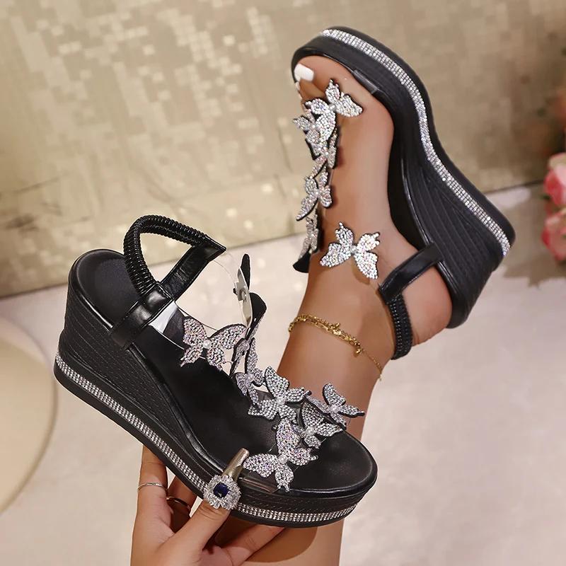 Fashion Rhinestone Butterfly Decor Chunky Platform Sandals Women Fashion Slip On Wedges Sandles Woman Lightweight Elastic Band Sandals