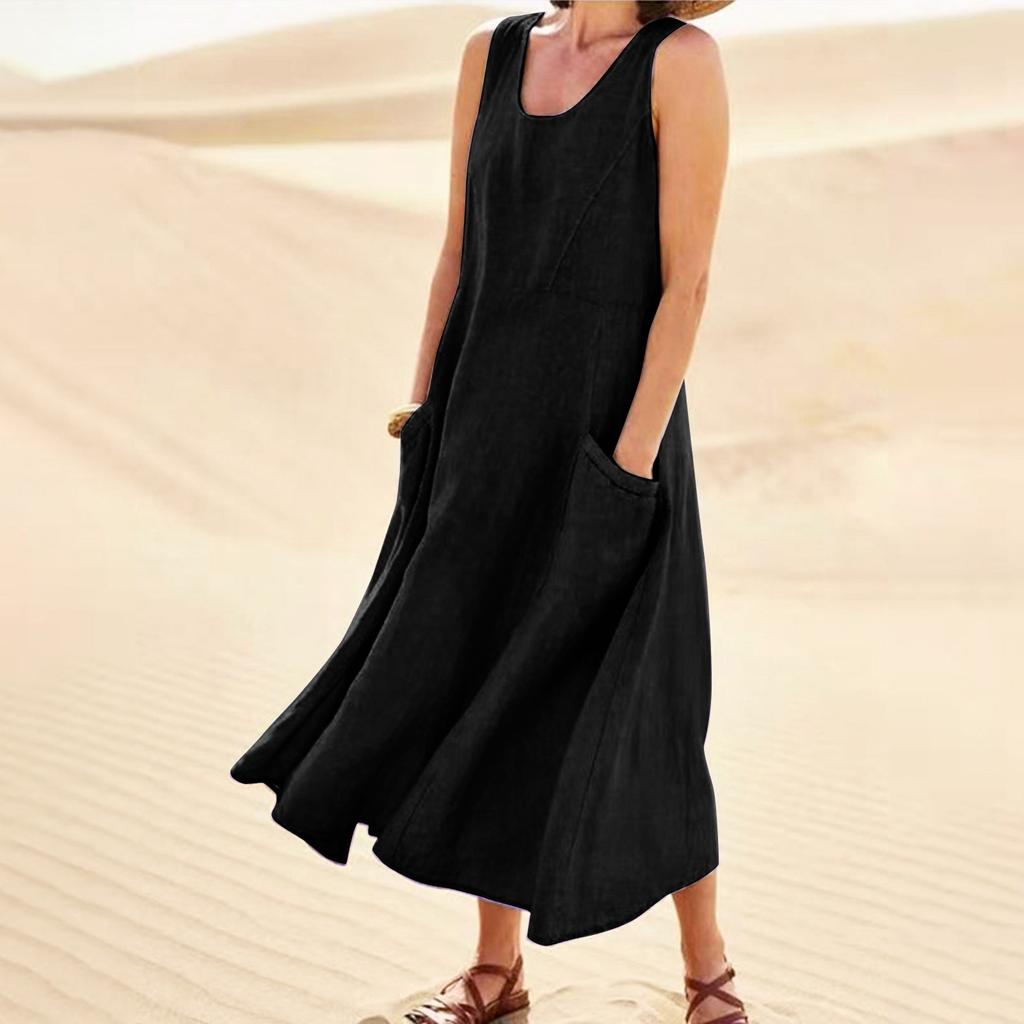 Women's Fashion Casual Solid Colour Sleeveless Cotton Linen Pocket Dress