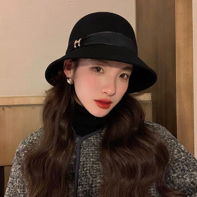 Hat women's autumn and winter casual retro wool bucket hat British fashion versatile woolen basin hat elegant top hat
