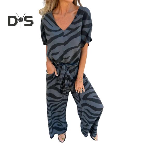 2 шт./комплект женский топ брюки костюм полосатый принт контрастный цвет V-образный вырез короткий рукав блузка широкие брюки эластичный пояс на талии наряд для поездок на работу повседневный