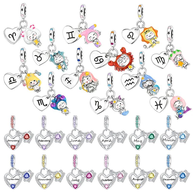 925 Silver 12 Months Birthstone Heart-shaped Beads Charms Fit Original Bracelet Charm Beads Necklace Diy Female Jewelry