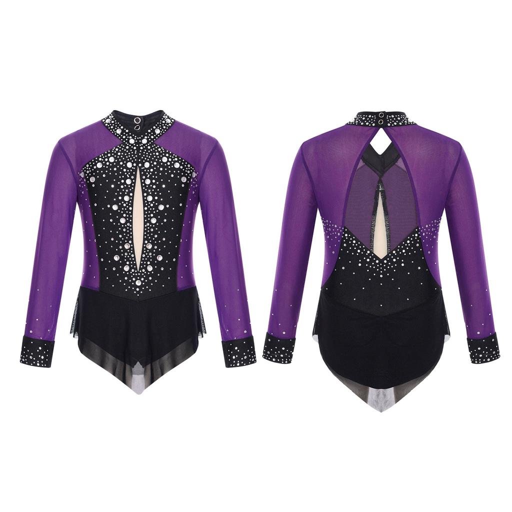 Детское трико для балета и танцев для девочек, боди для фигурного катания, художественной гимнастики, блестящие стразы, сетчатый комбинезон с юбкой