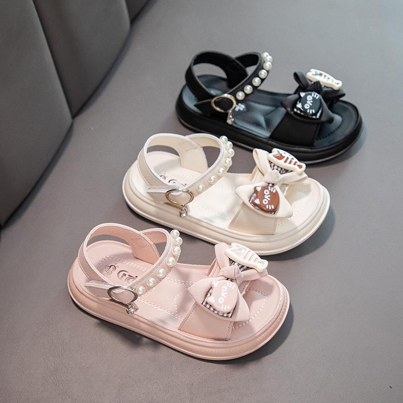 Girls Beach Shoes Non-slip Soft Sole Kids Princess Shoes Cute Cat Sweet Bows 2025 Summer New Children Sandals Beading Elegant
