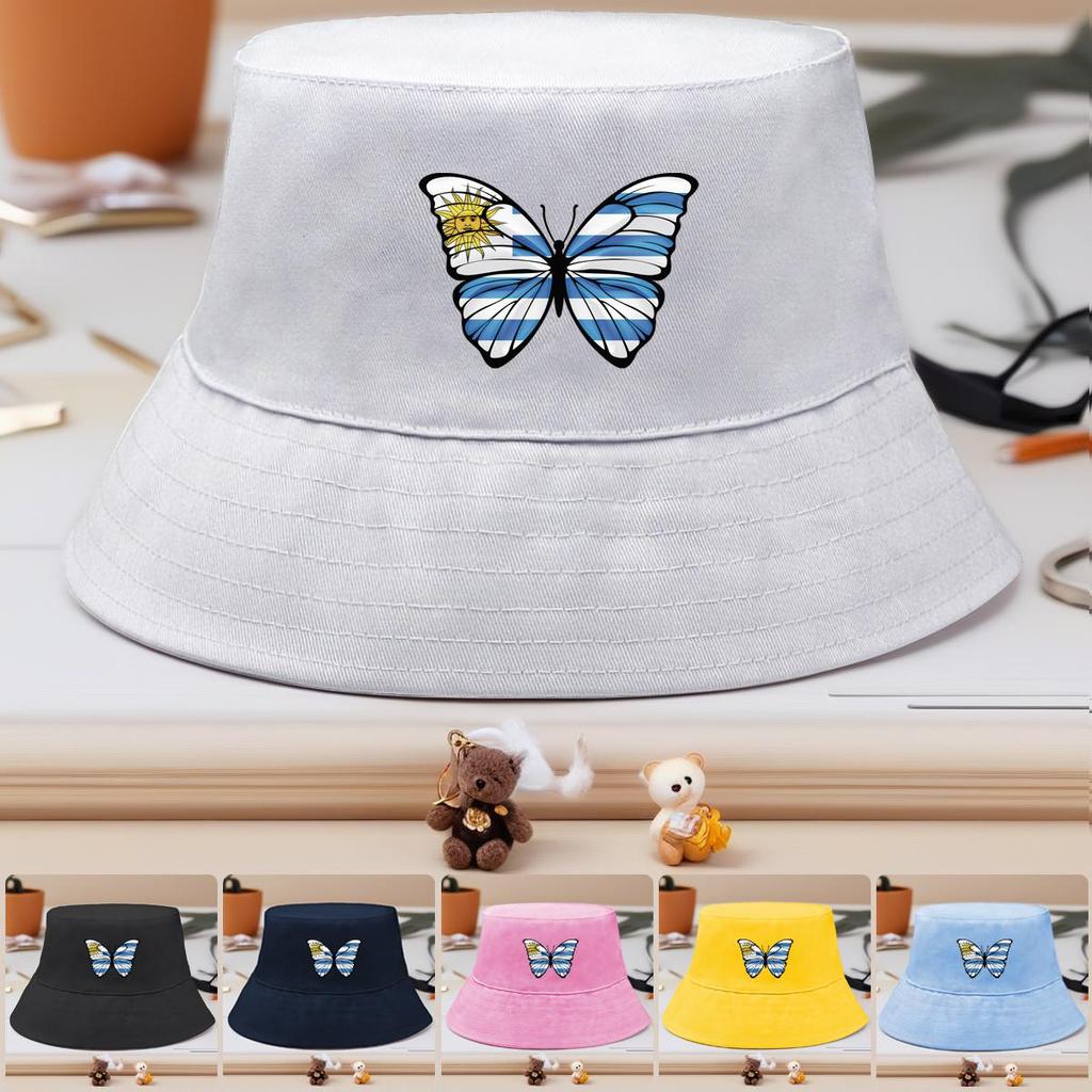 Butterfly Flag of Uruguay Print Bucket Hat , Patriotic Fisherman Hat Fashion Foldable Polyester Basin Cap