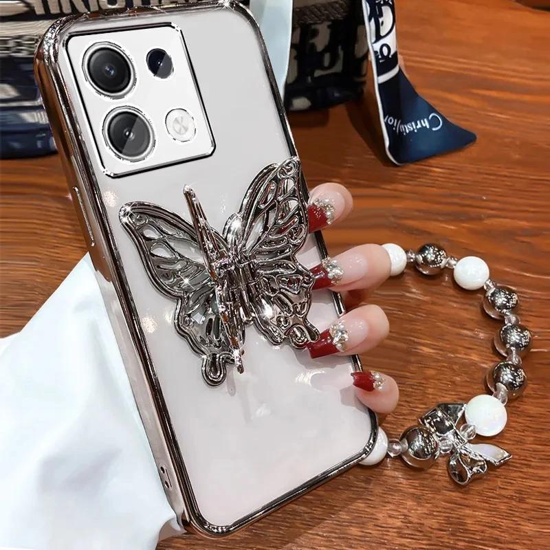 3D Butterfly Phone Holder Bead Bracelet Glitter Plating Case for Xiaomi Redmi Note 13 12 11 10 9 8 11S 10S 9S Pro Plus 4G 5G