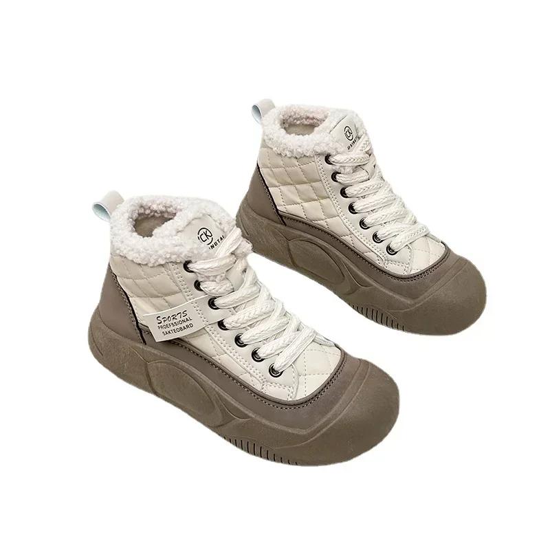 Модные зимние женские сноубутсы, новый стиль с добавлением флиса и толстые теплые хлопковые ботинки, высокие мягкие подошвы, повседневная спортивная обувь