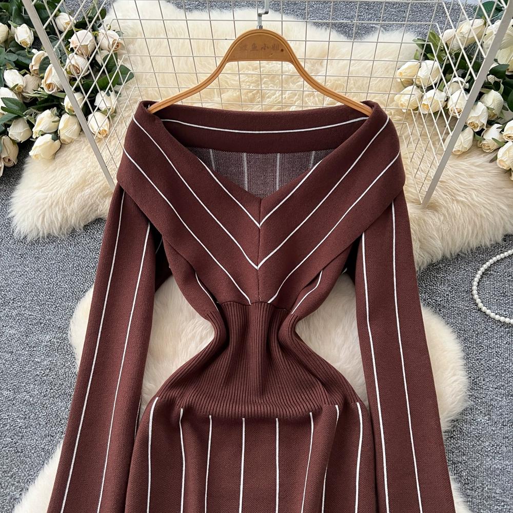 Осень Зима Женский Повседневный Вязаный Свитер с V-образным вырезом и длинным рукавом в полоску, Облегающее Платье-футляр