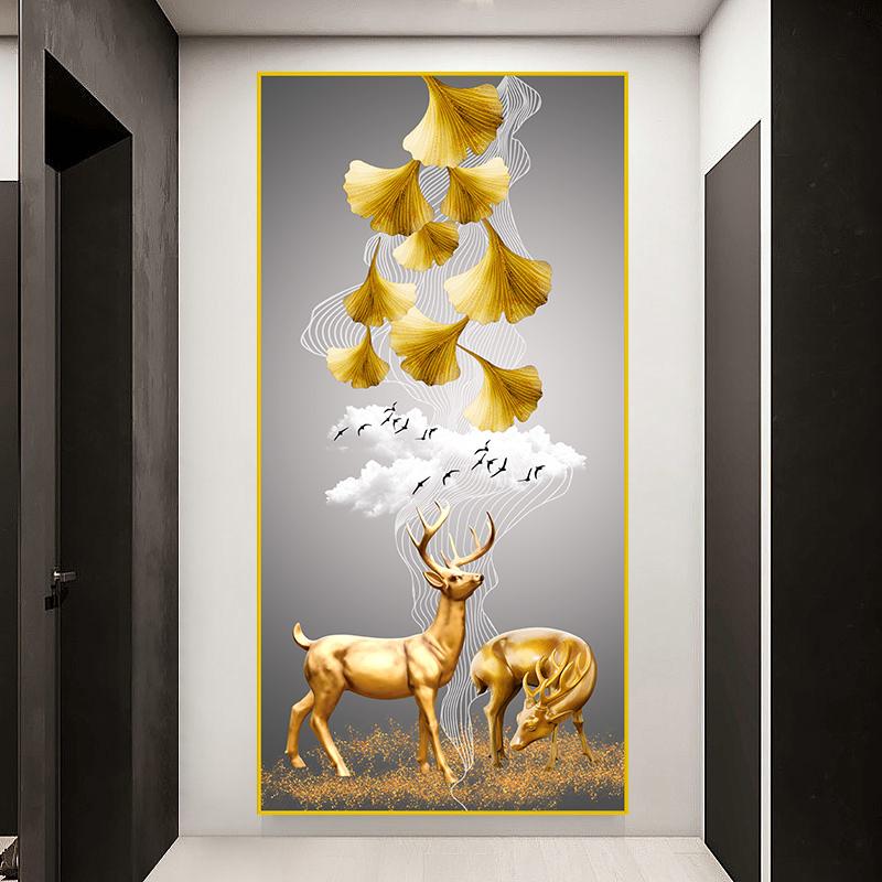 Abstract Feather Golden Yellow Deer Posters Prints Golden Feathers Canvas Painting Tree Wall Art for Living Room Home Decor