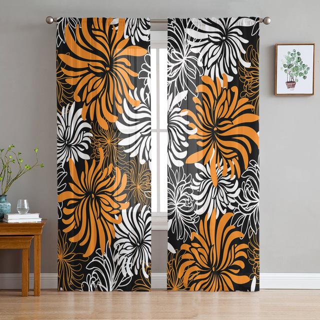 Серая текстура хризантемы, тюлевые шторы в стиле ретро с цветочным принтом, занавеска для кухонной двери, шифоновая прозрачная вуаль, шторы для гостиной, спальни