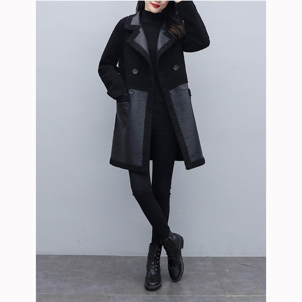 Женская куртка большого размера с воротником-лацканом, средней длины, из плотной кожи и флиса