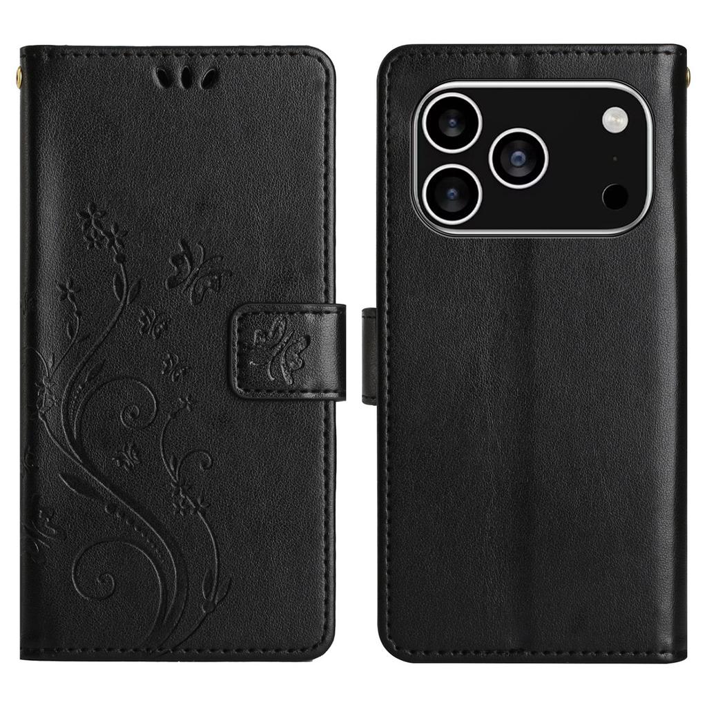 For iPhone 17 Pro Leather Wallet Case Butterfly Flower Imprinted Phone Cover with Strap