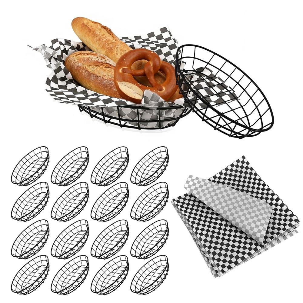 12-piece set of black wire bread baskets with 100 sheets of checkered deli paper liner – 9.65" x 6.1" x 2.2" metal fast food tray
