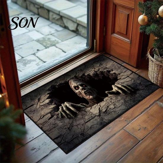 Animal Patterned Bedroom Rug 3D Illusion Entrance Rug, Absorbent Non-Slip Floor Mat, Realistic Apartment Size Area Rugs Spooky Skeleton