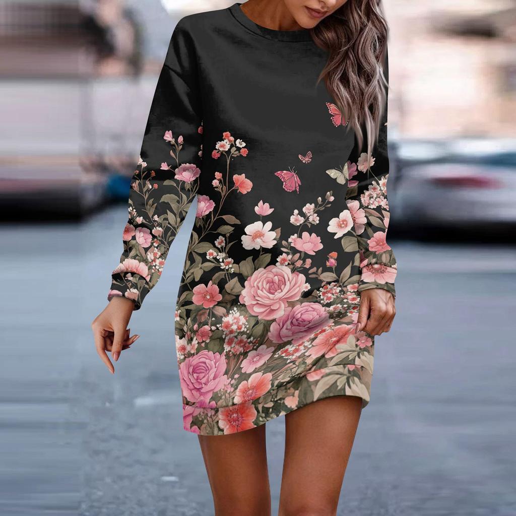 Женское платье-халат с круглым вырезом и винтажным цветочным принтом, с длинным рукавом, платья-толстовки