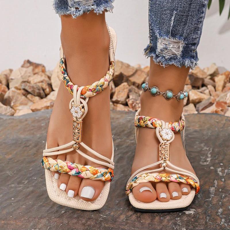 Fashion Flower Beaded Bohemian Sandals Women Square Toe Printing Braided Flat Sandals Woman 2025 Summer Comfortable Beach Shoes