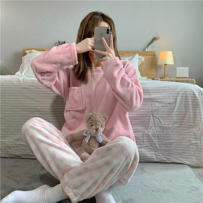 Женские пижамы, костюм из двух предметов, осенне-зимний коралловый бархатный однотонный бархатный утолщенный сладкий фланелевой теплый домашний комплект