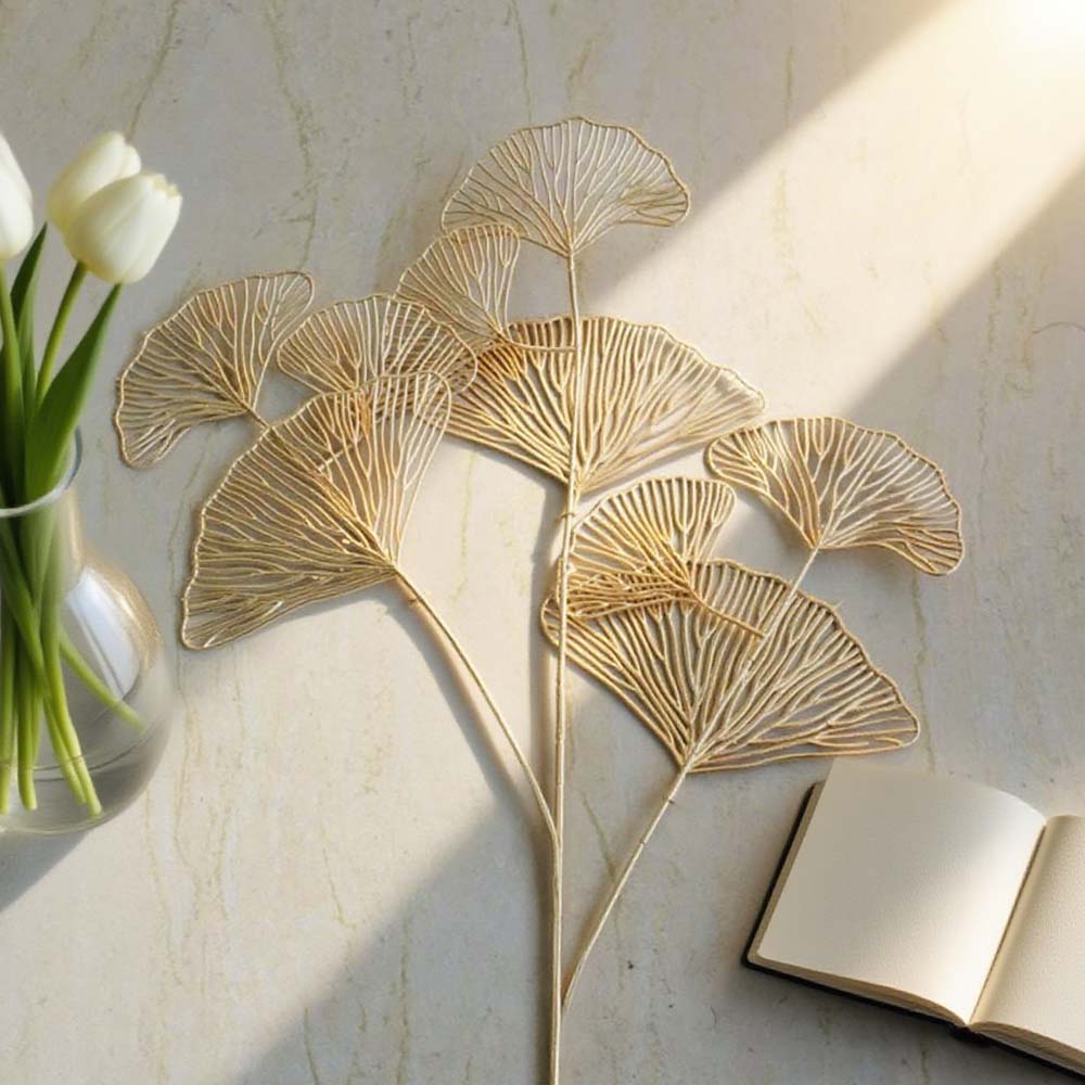 5PC Three-pronged Fan Leaf Netting Artificial Gold Ginkgo Eucalyptus Holly For Wedding Arch Flower Arrangement Home Decor Crafts