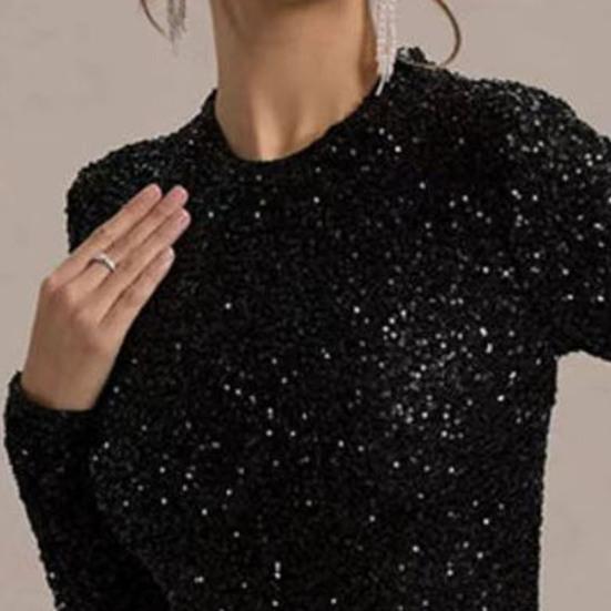 Women's Sequin Feather Trim Mini Dress Long Sleeve Sexy Shiny Bodycon Dress Sparkly Cocktail Gown for Birthday Party Club Night