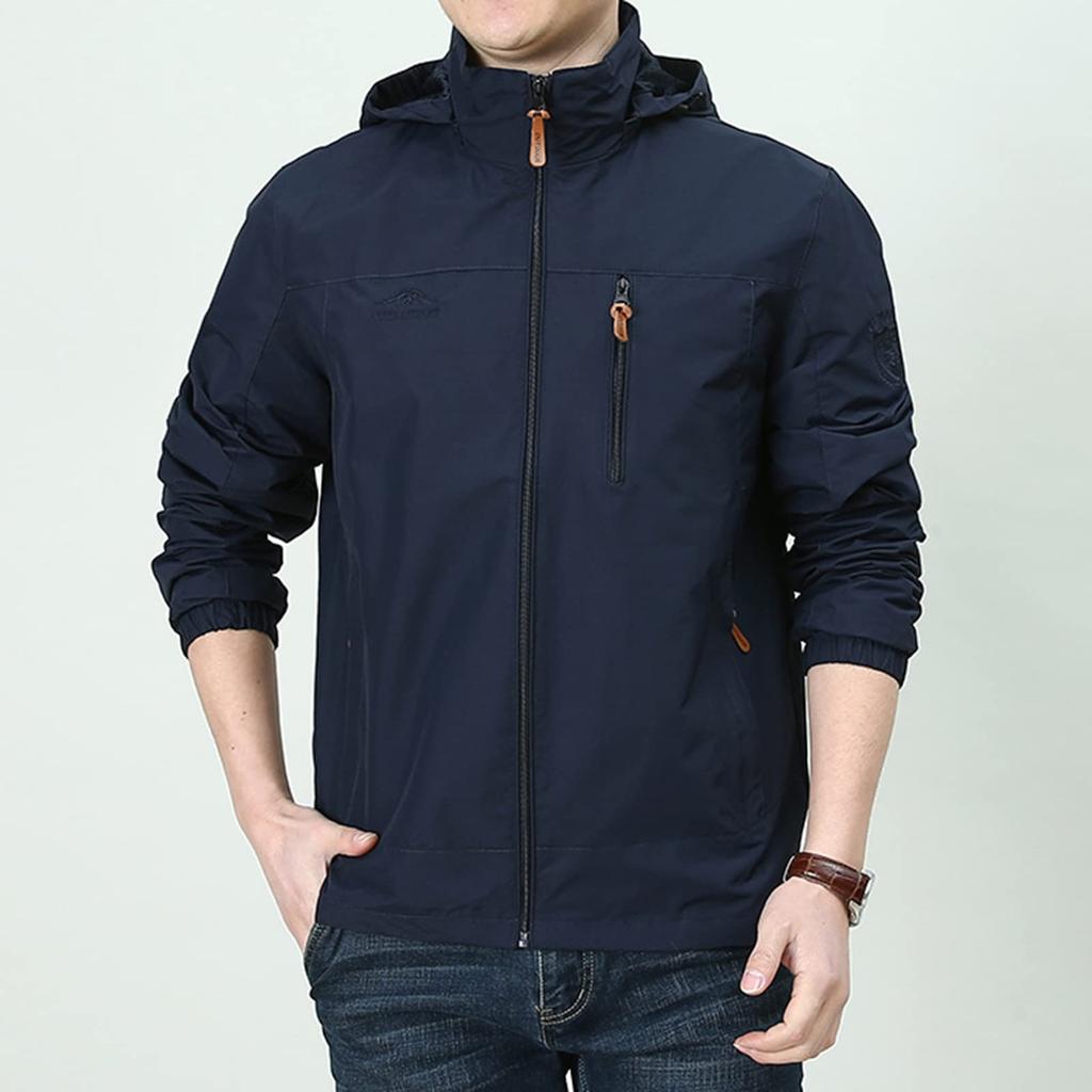 Jacket Outdoor Tops Spring Thin Autumn Hooded Lightweight Embroidery Plain Stylish [Manatsulife] Men's 7886. (Navy, L)