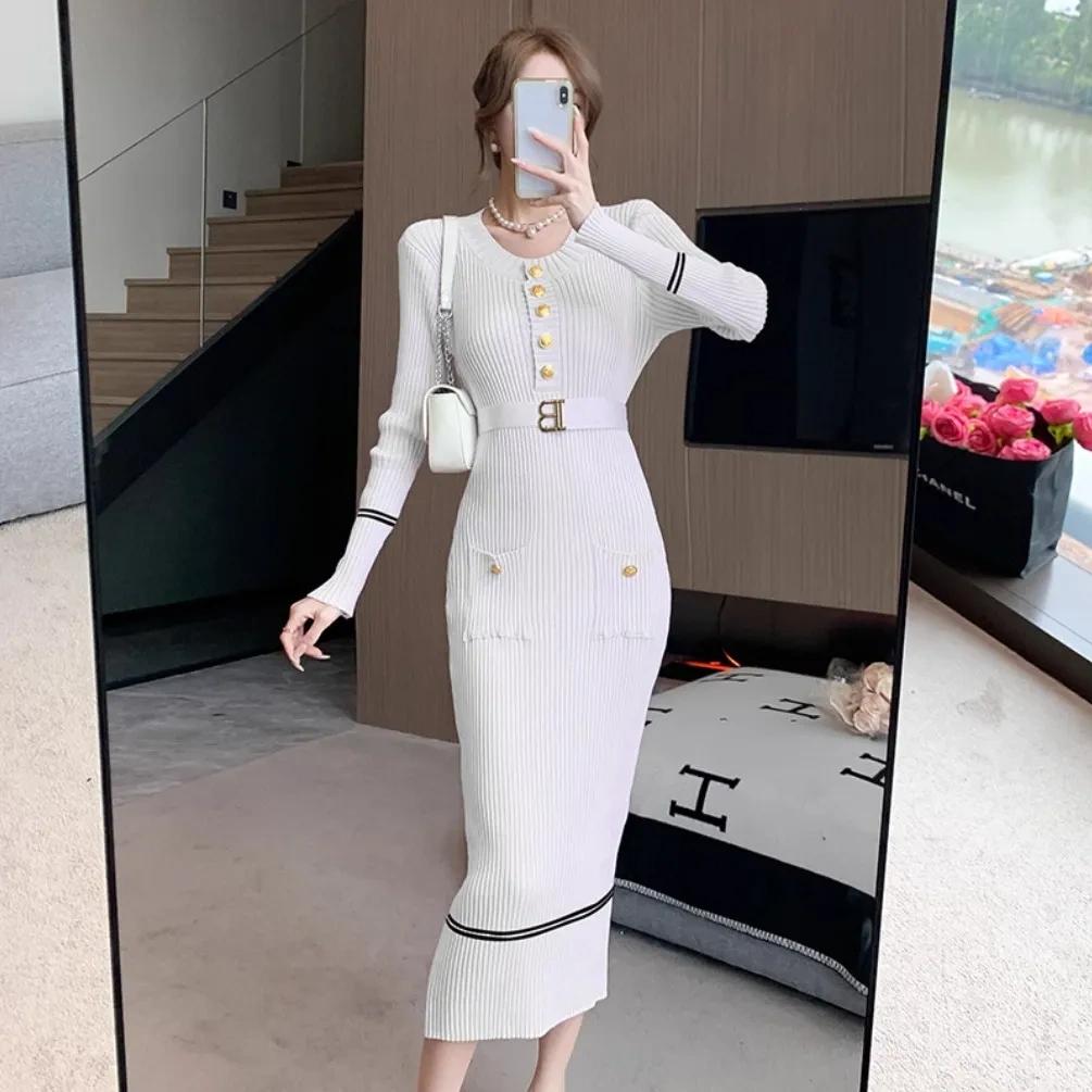 Осень-зима женское трикотажное платье модное платье-свитер с круглым вырезом на пуговицах и поясом женское офисное платье