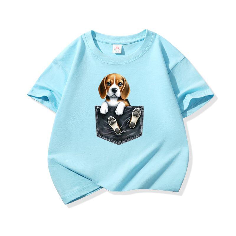 Kids Cotton T Shirt Cute Pocket Beagle Puppy Dog Graphic Crew Neck Short Sleeve Tee Casual Breathable Boys Girls Summer Tops