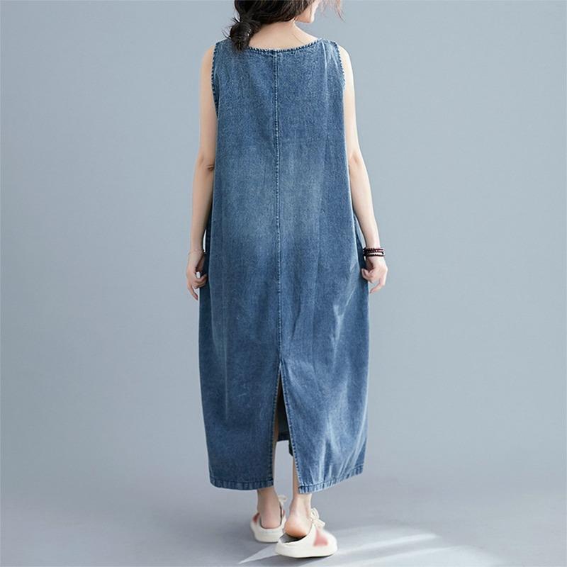 Джинсовое платье женское плюс размер повседневное винтажное без рукавов с большими карманами свободные джинсовые платья в стиле ретро женские летние с v-образным вырезом