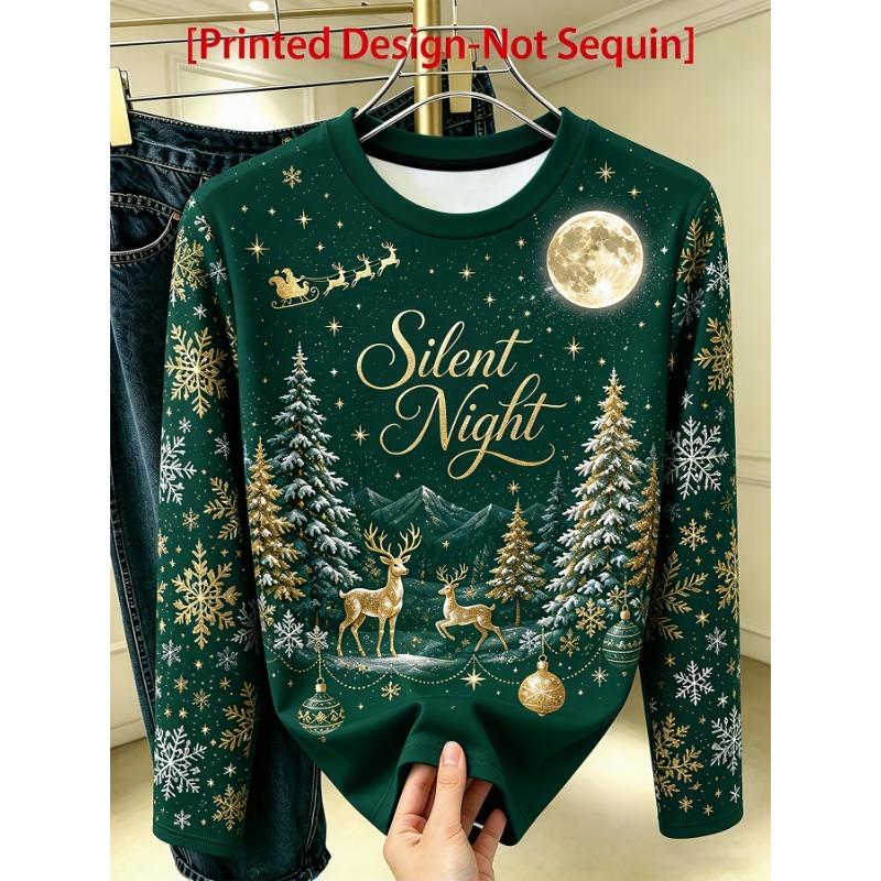 Women's elegant long sleeves, Christmas starry sky, elk and snowflake print, round neck bottoming shirt, perfect for daily commuting