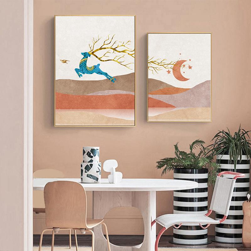 Скандинавский пейзажный постер, настенный художественный холст с принтом, картина «Горный олень, луна, восход солнца», современная абстрактная живопись для декора гостиной