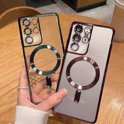 Подходит для Samsung S24 Гальванизированный Прозрачный Чехол для Мобильного Телефона Полностью Закрывающий Пленка для Объектива S22ultraCD Узор Магнитный S23 Мягкий Чехол
