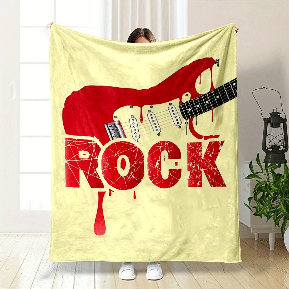 Red electric guitar silhouette with dripping paint above splattered "ROCK." for all seasons blanket lunch break throw gift