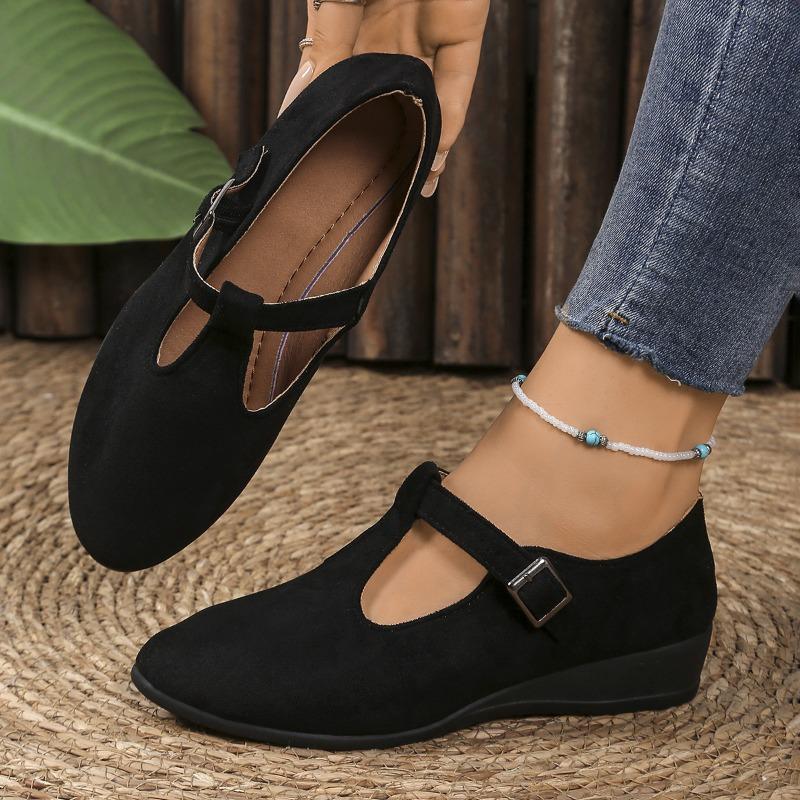 Large Size Single Shoes Women's New Autumn Style Pointed Head Shallow Mouth Buckle Wedge Heel Doudou Shoes