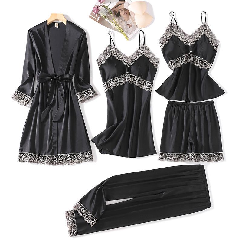 Spring and summer pajamas female sexy five-piece set silk thin with chest pad suspender nightdress women's nightgown homewear