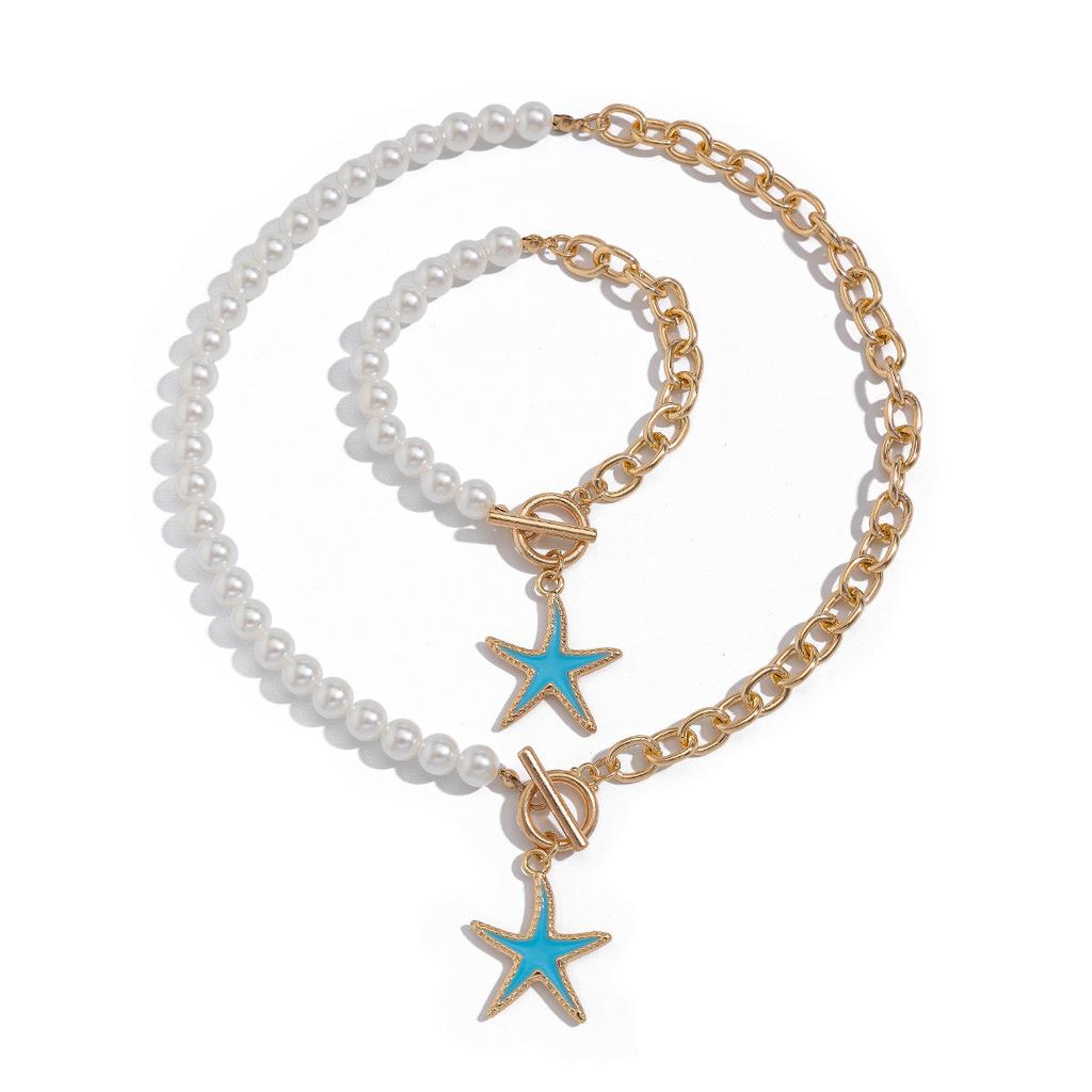Ocean Style Colorful Star Pendant Necklace, Pastoral Vacation Asymmetrical Imitation Pearl Necklace
