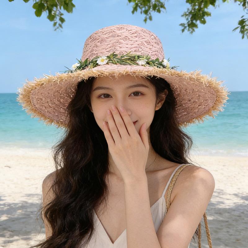 Sunscreen wreath straw hat handwoven large brim sunscreen hat summer outing beach hat