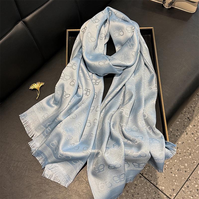 New Imitation Silk Fashionable Elegant High-end Long Silk Scarf Short Beard Shawl Long Scarf Tensile Cotton Gold Silk Scarf